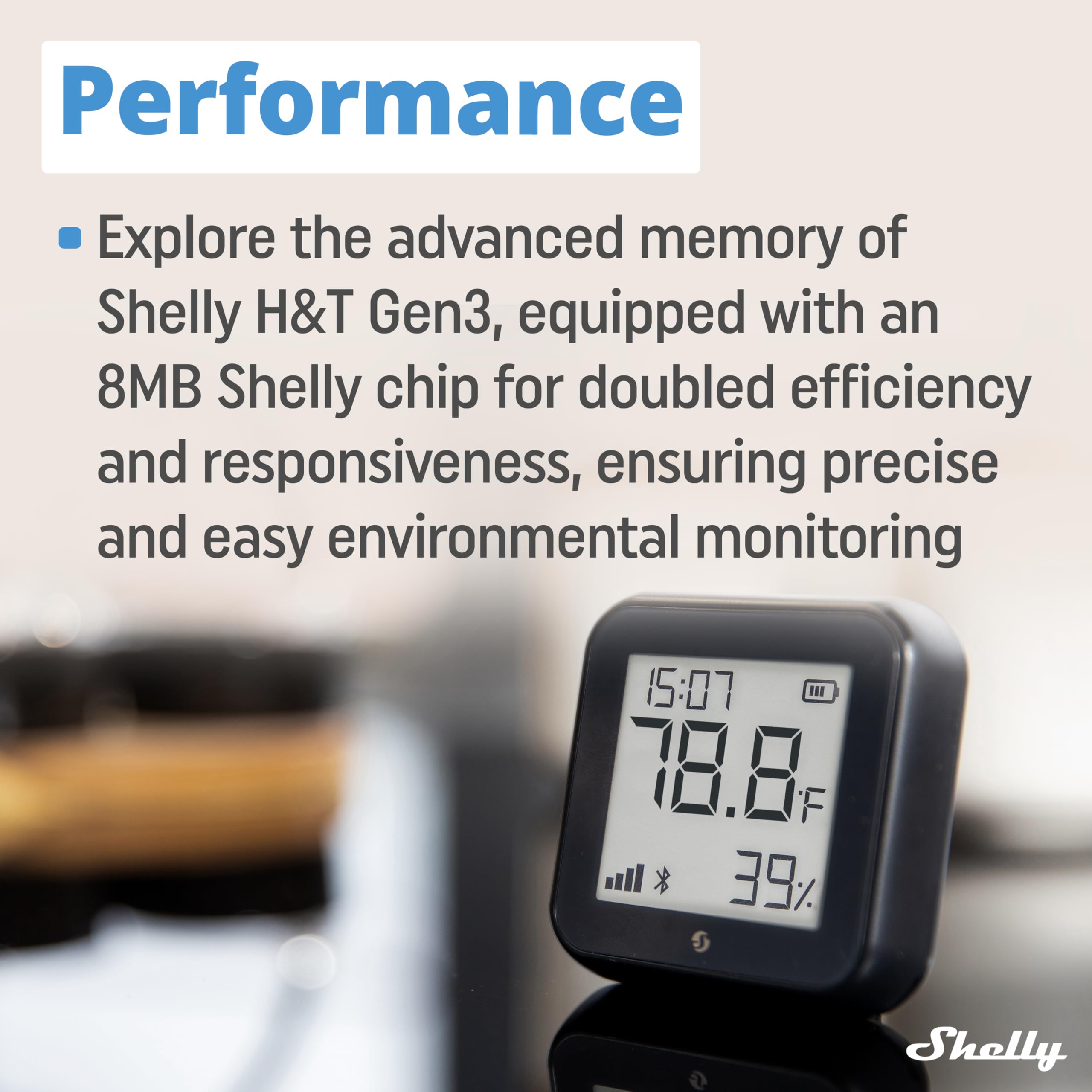 Shelly H&T Gen3 held in hand to show scale and portable placement convenience