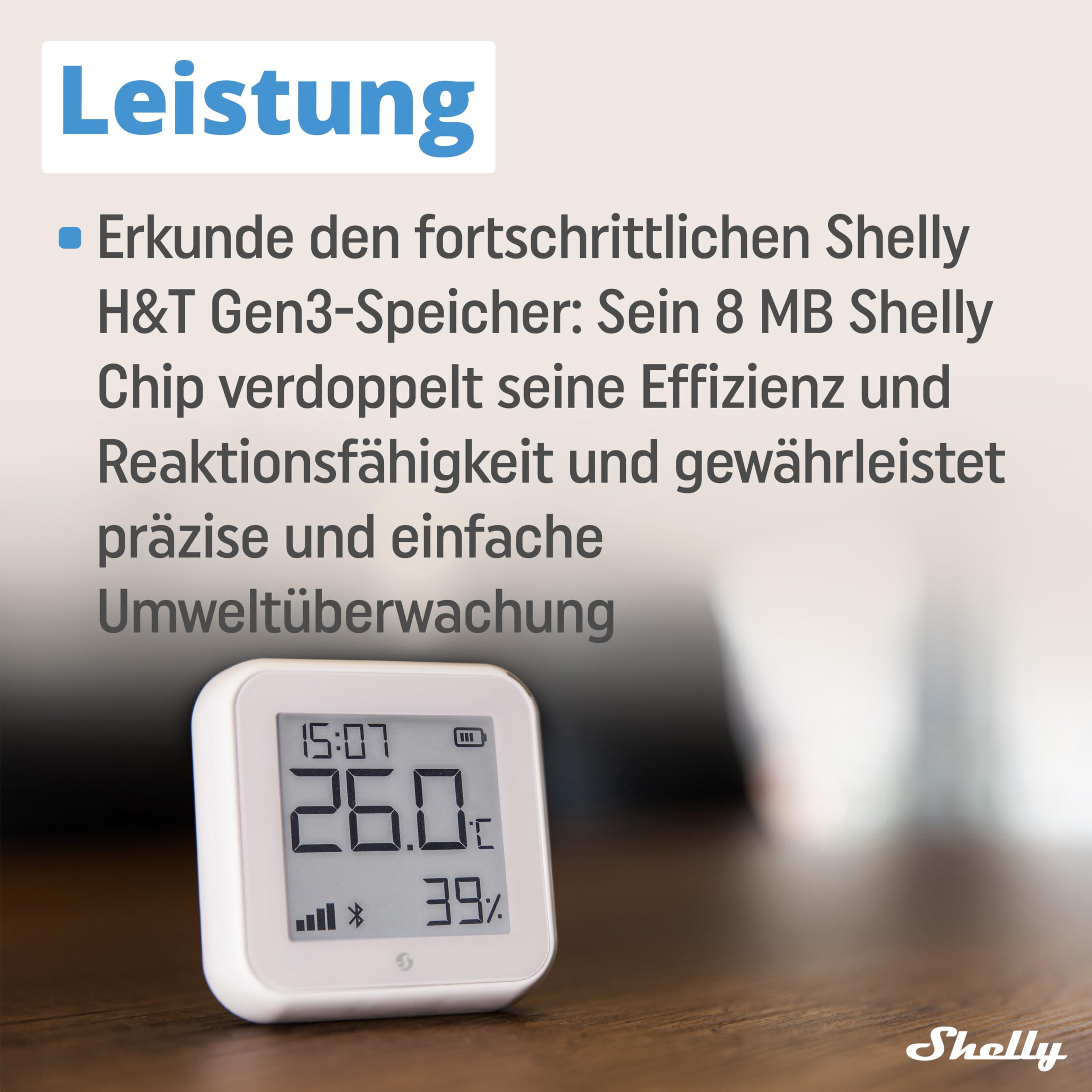 Shelly H&T Gen3 next to smartphone showing scale and portable design for flexible placement