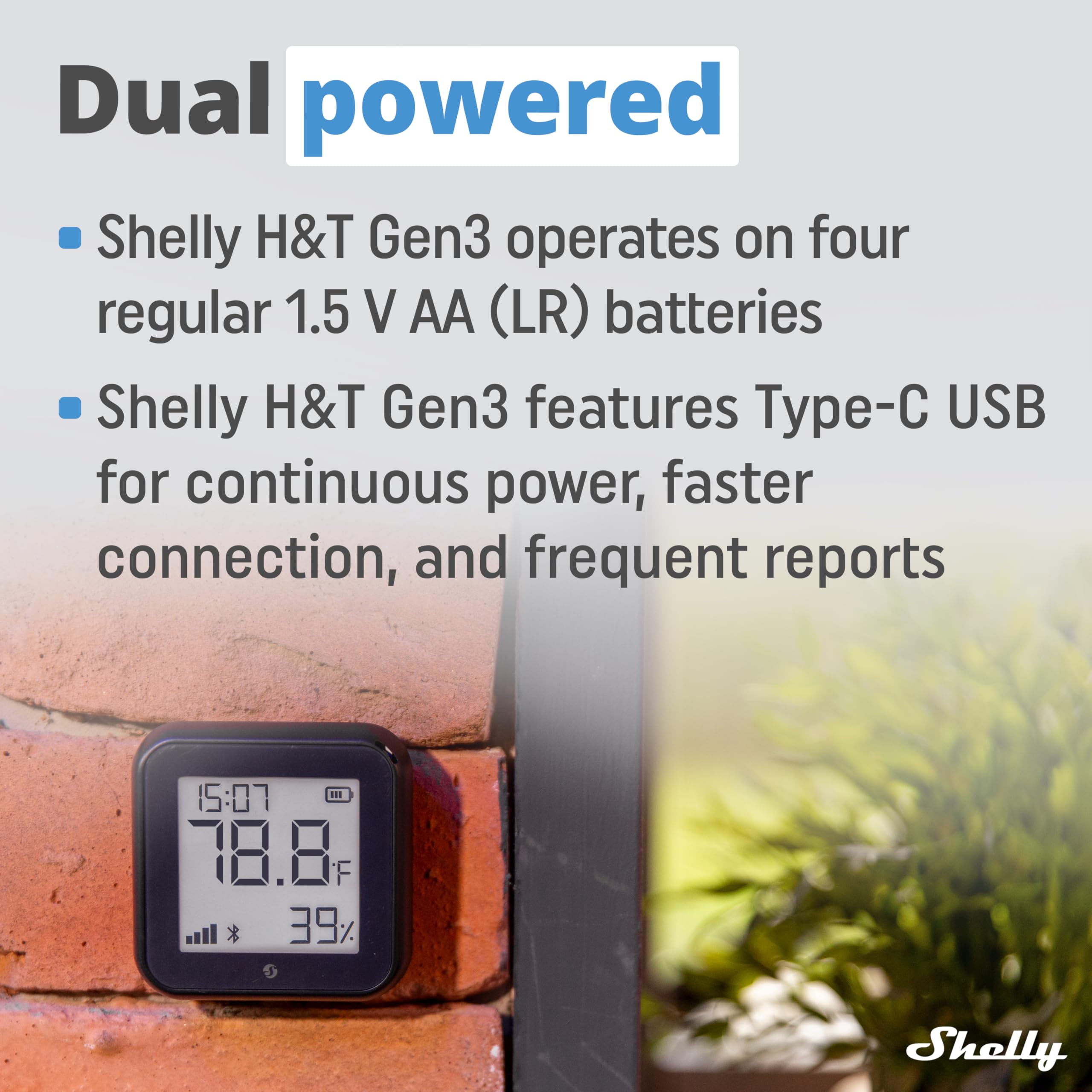 Shelly H&T Gen3 paired with Shelly Plus 1 illustrating automated fan activation for humidity