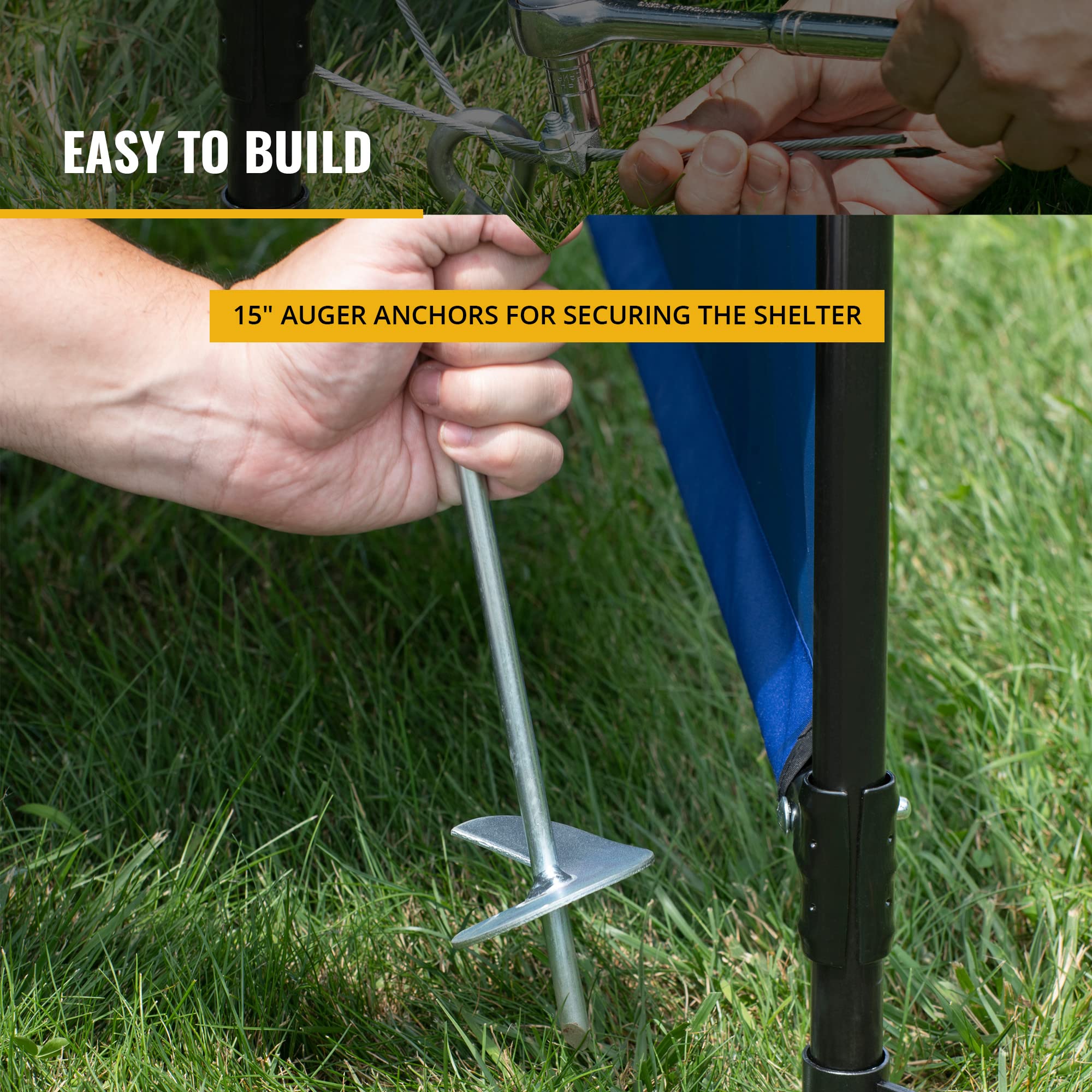 ShelterLogic 15-inch auger anchor detail showing secure ground fastening benefit