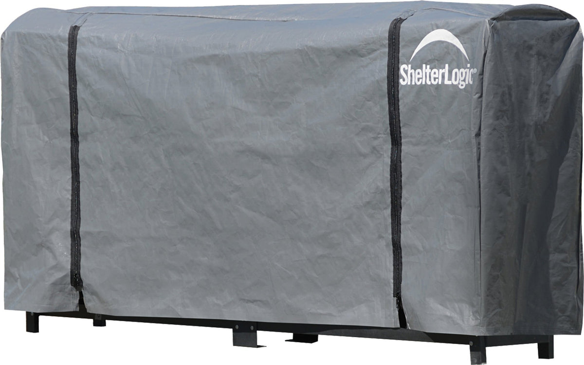 ShelterLogic front view of 8-foot cover protecting stacked firewood for all-season use