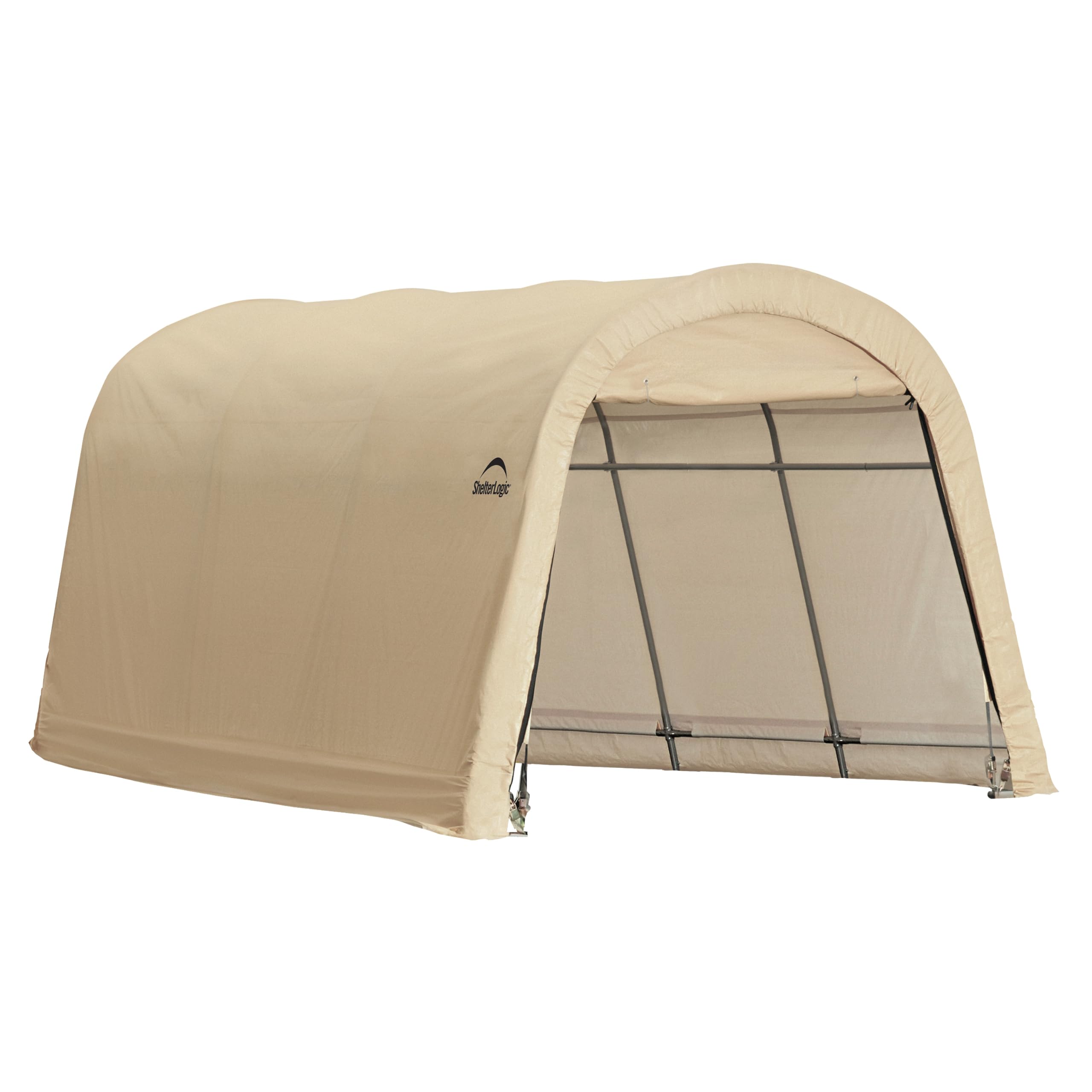 ShelterLogic front view of instant garage protecting a vehicle, shows covered protection