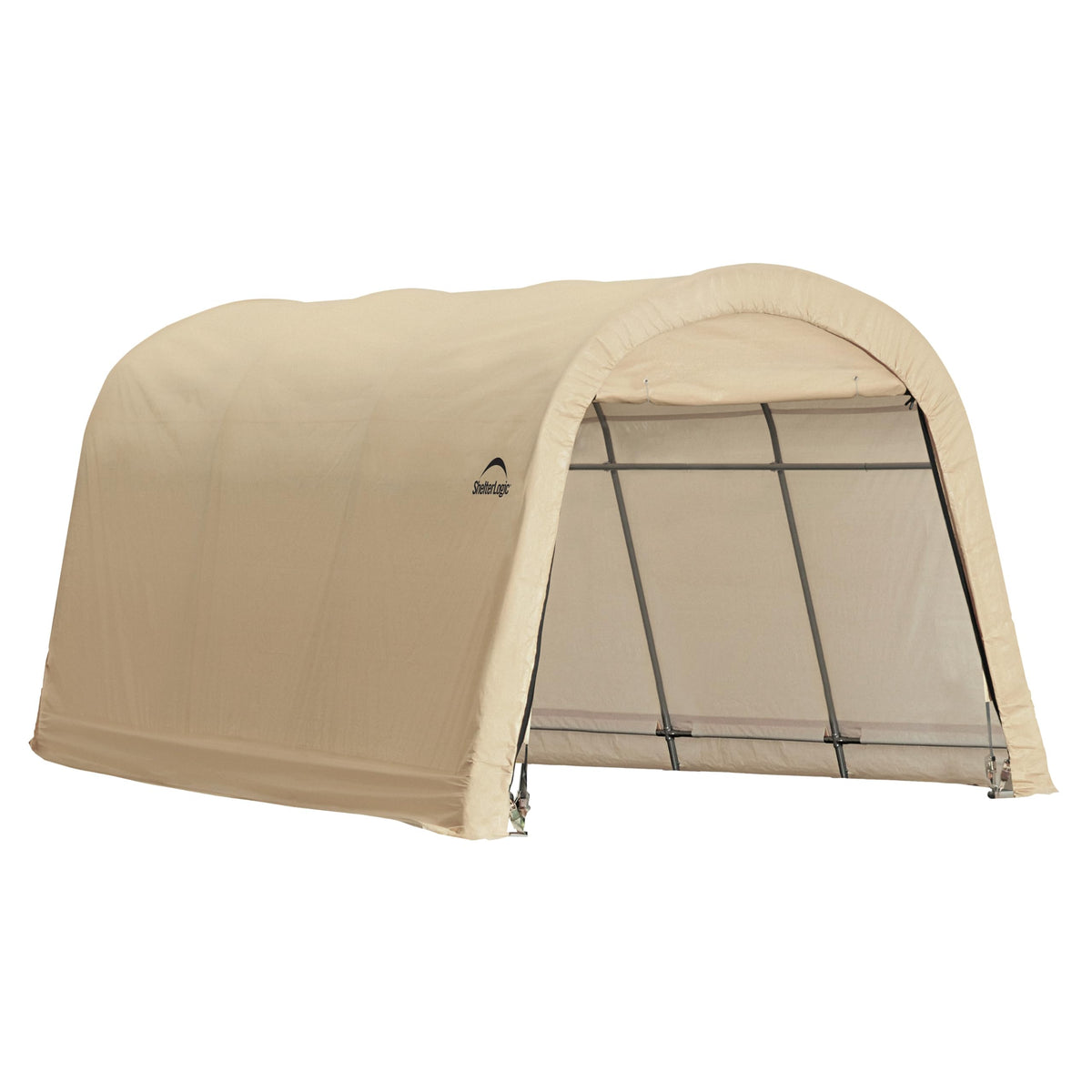 ShelterLogic front view of instant garage protecting a vehicle, shows covered protection
