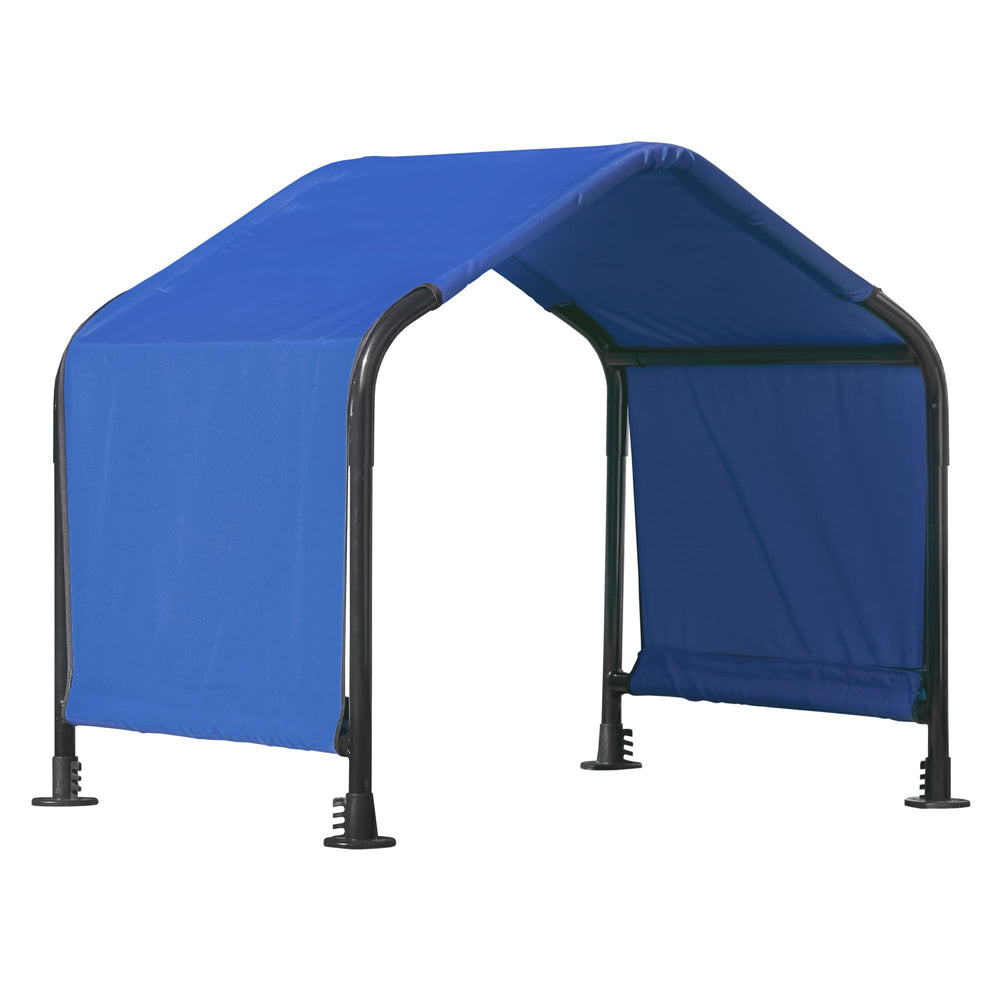 ShelterLogic front view blue canopy showing sheltered space and quick shade benefit