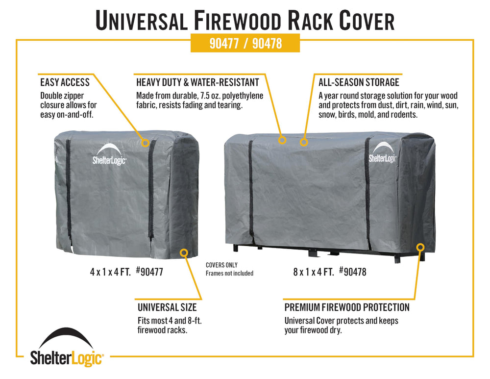 ShelterLogic cover installed on an outdoor wood rack keeping firewood dry and organized
