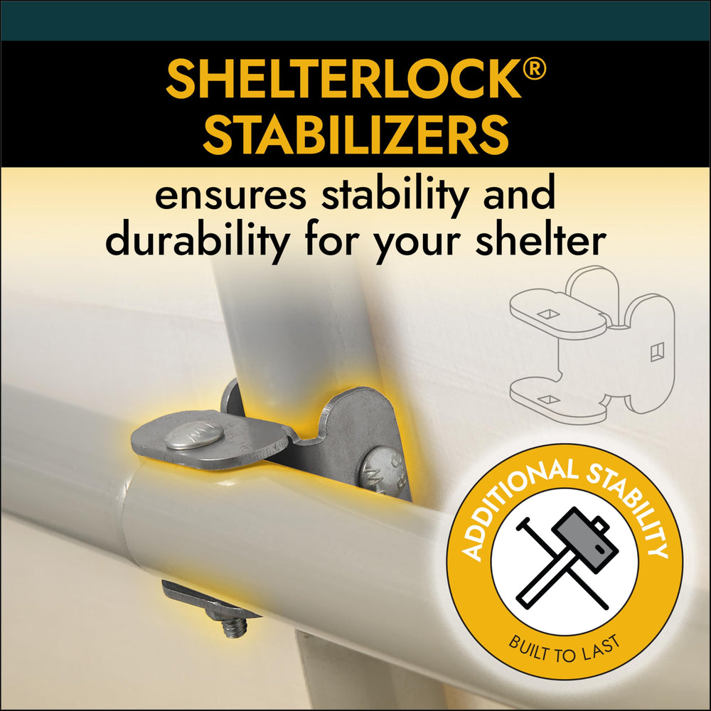 ShelterLogic interior with motorcycle and ATV, illustrates storage capacity and organization