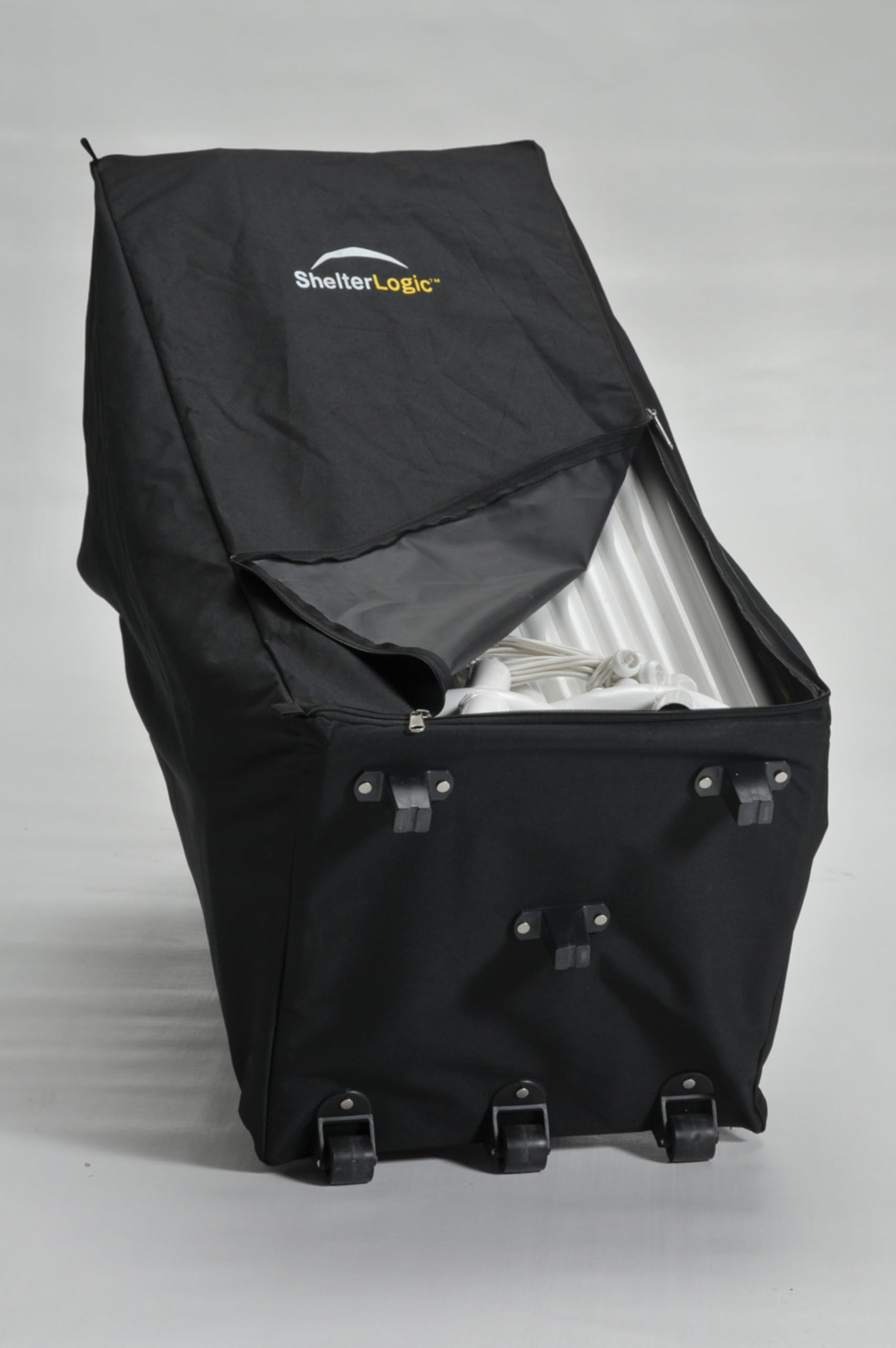 ShelterLogic storage bag in garage saving space and simplifying seasonal change