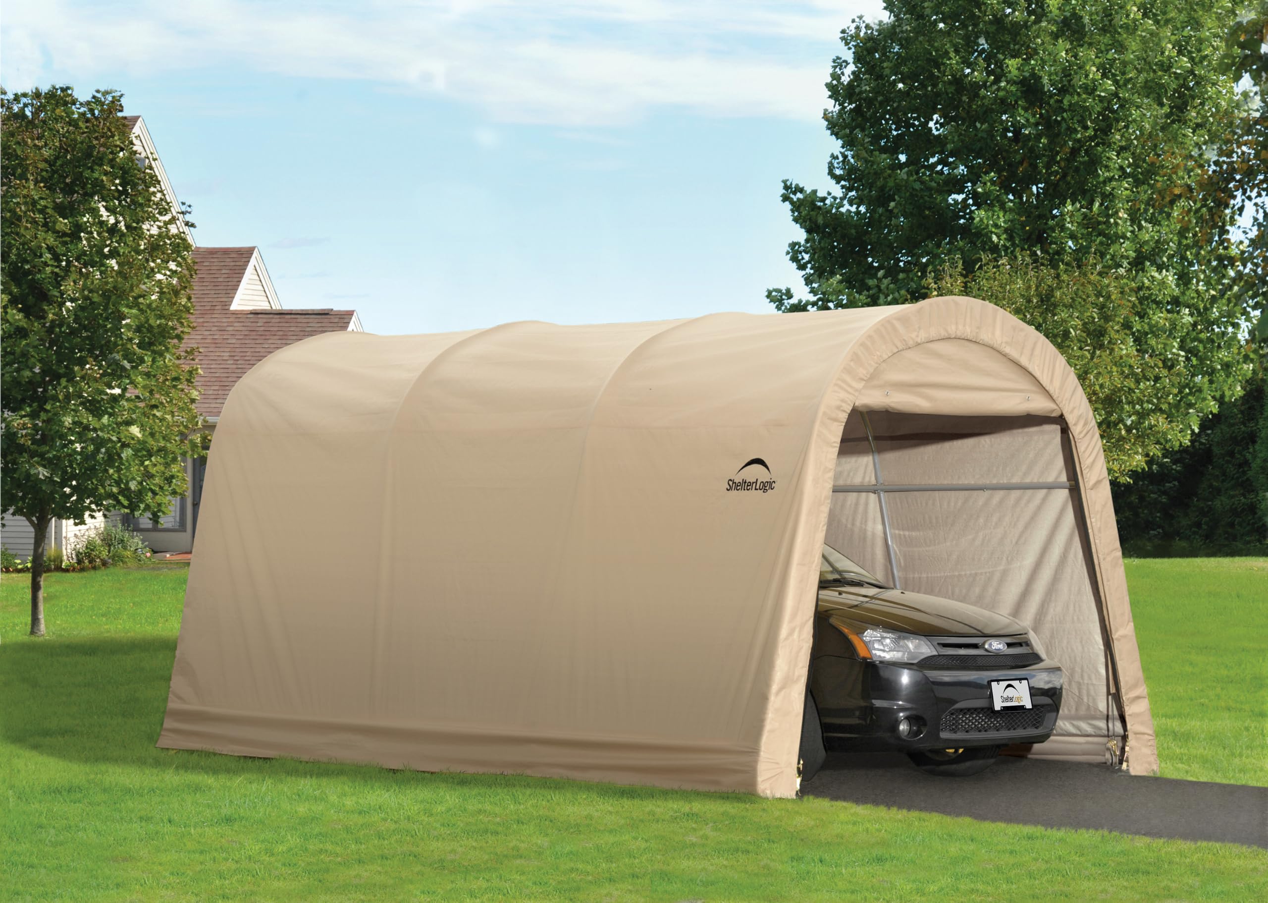 ShelterLogic lifestyle image in driveway protecting car, shows practical everyday use