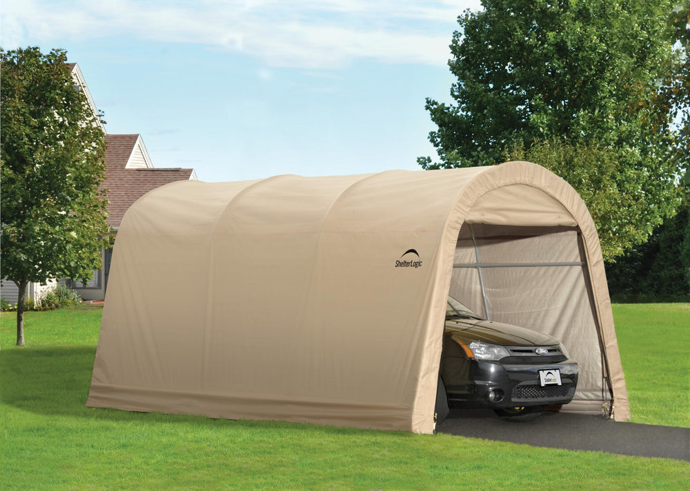 ShelterLogic lifestyle image in driveway protecting car, shows practical everyday use