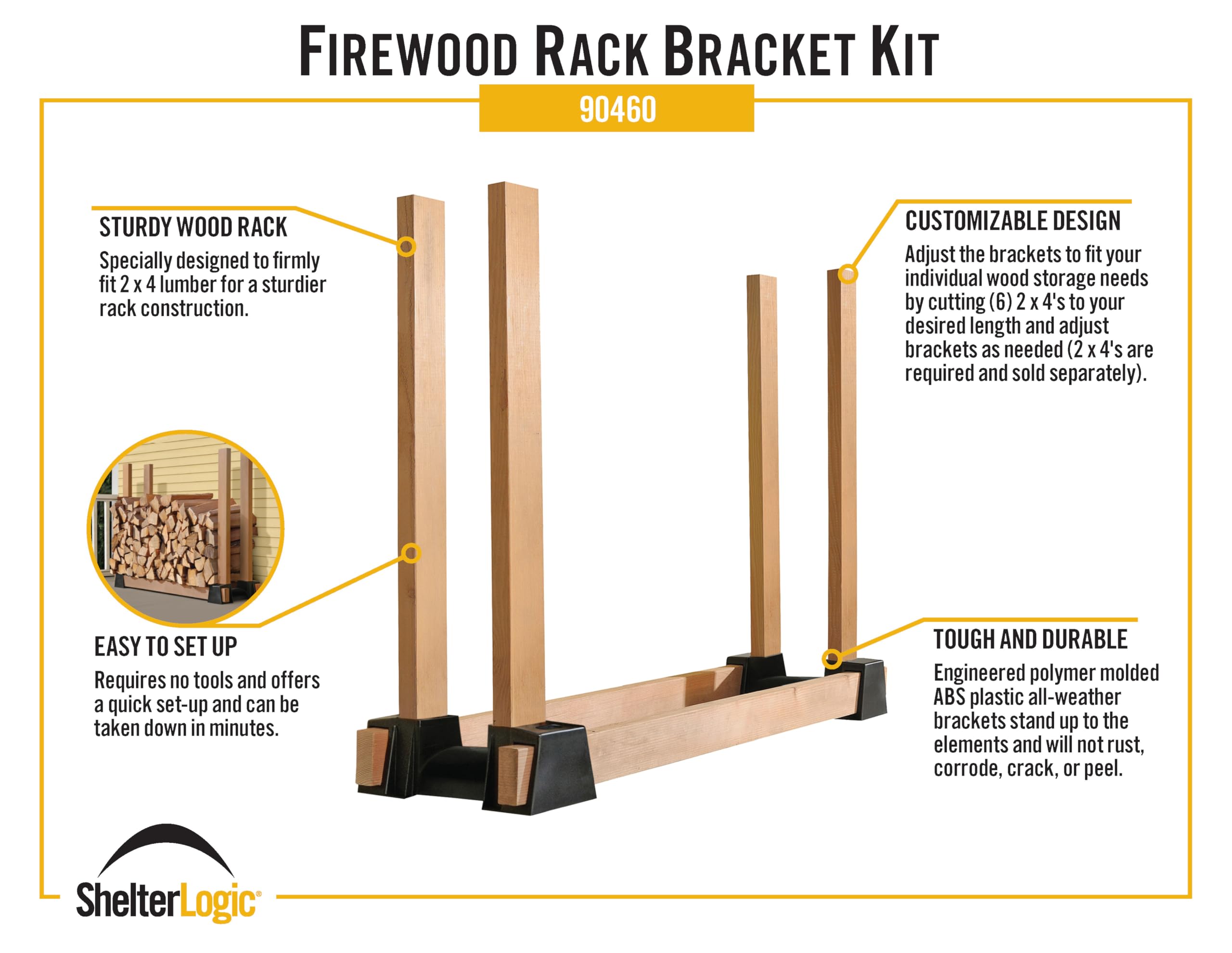ShelterLogic rack in use with stacked firewood showing organized, elevated storage benefit