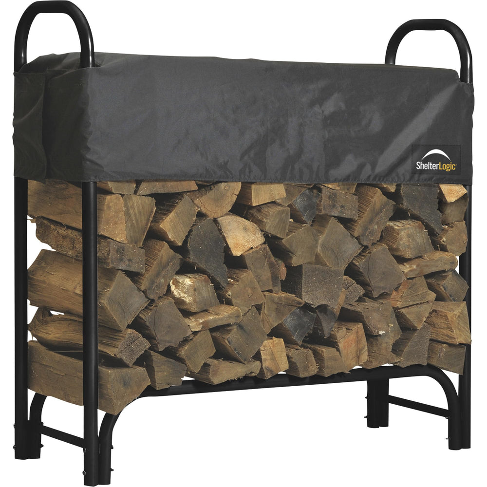 ShelterLogic front view of assembled rack showing compact storage and protection