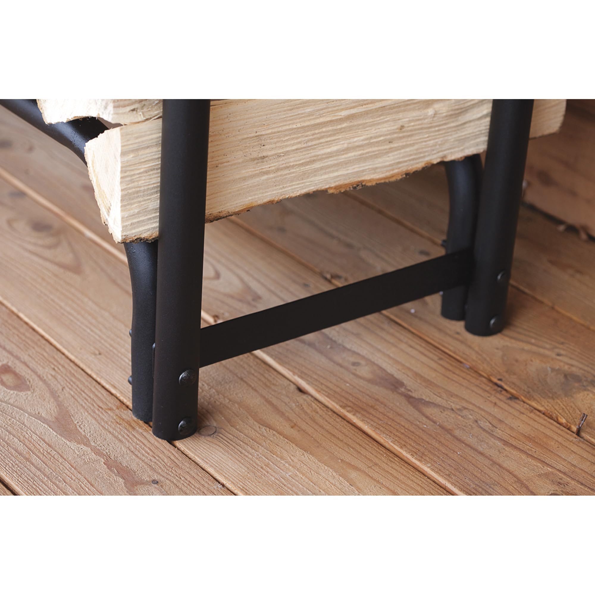 ShelterLogic stacked split wood on rack demonstrating elevated airflow and seasoning