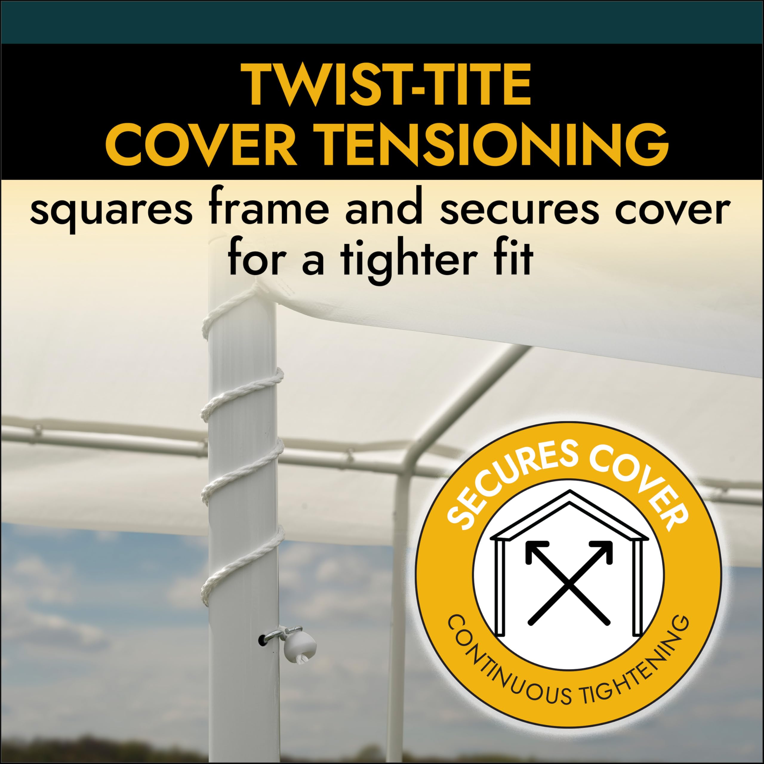 ShelterLogic canopy next to person showing 10x10 size and clearance benefit