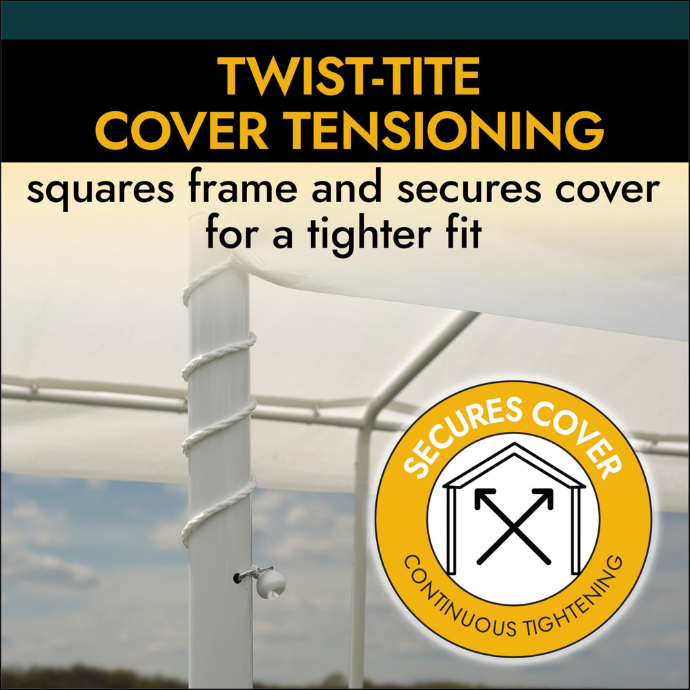 ShelterLogic canopy next to person showing 10x10 size and clearance benefit