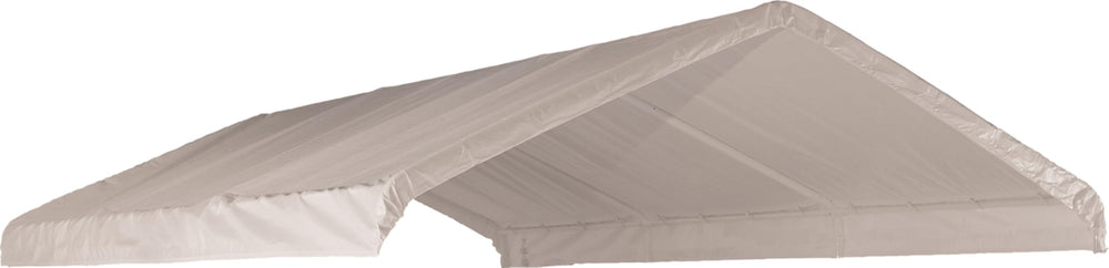 ShelterLogic front view of white 12x26 canopy cover showing clean fitted look and protection