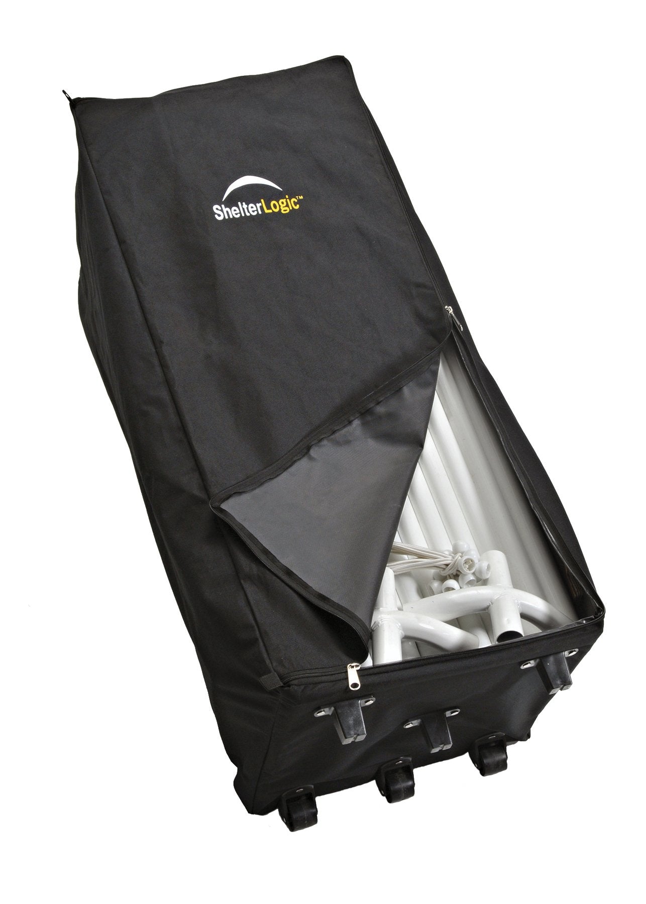 ShelterLogic three-wheel system beneath bag for smooth rolling and balance