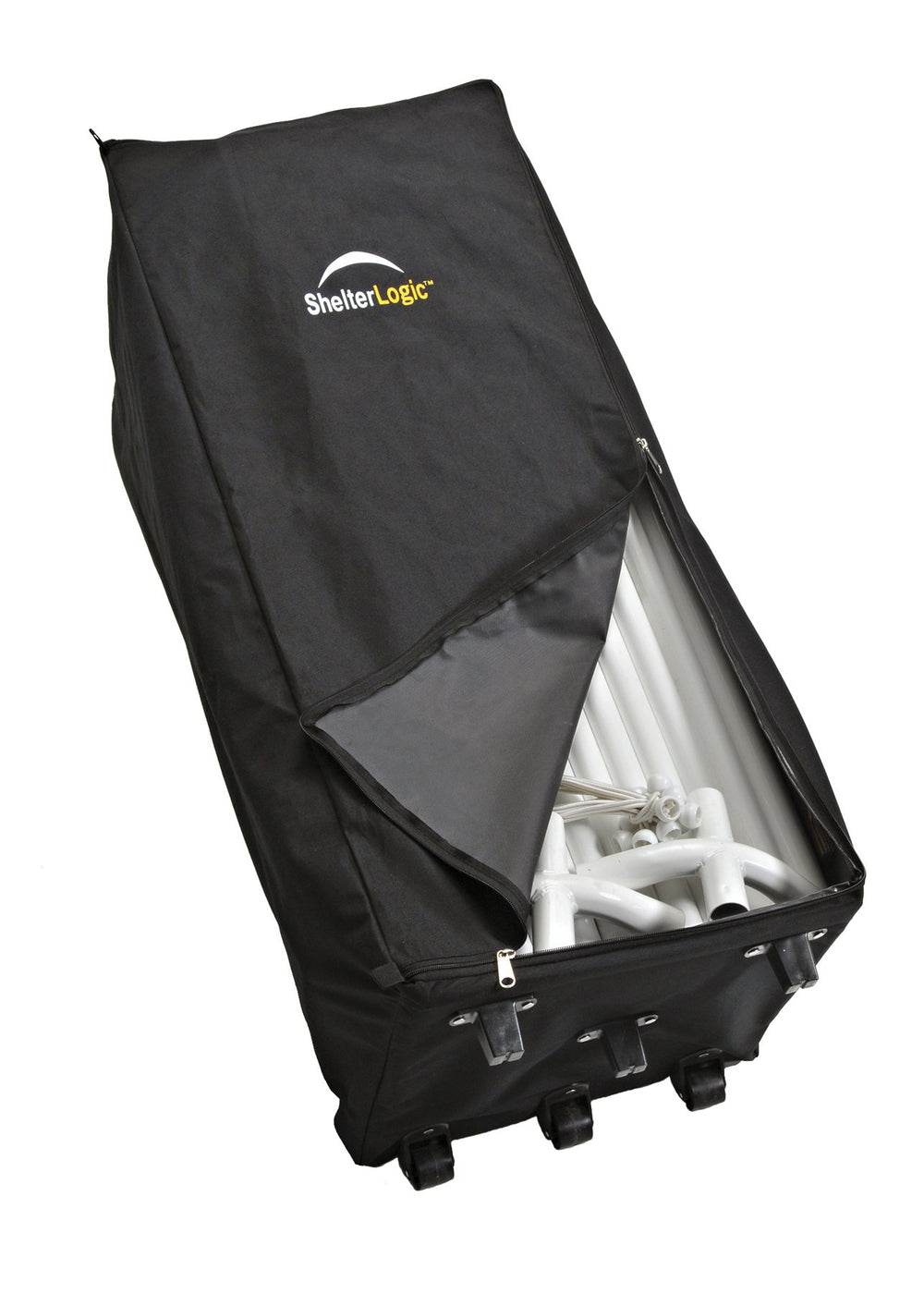 ShelterLogic three-wheel system beneath bag for smooth rolling and balance