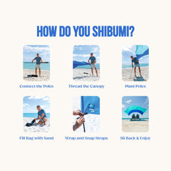Shibumi Shade in use with family on beach showing roomy shade and comfort benefit
