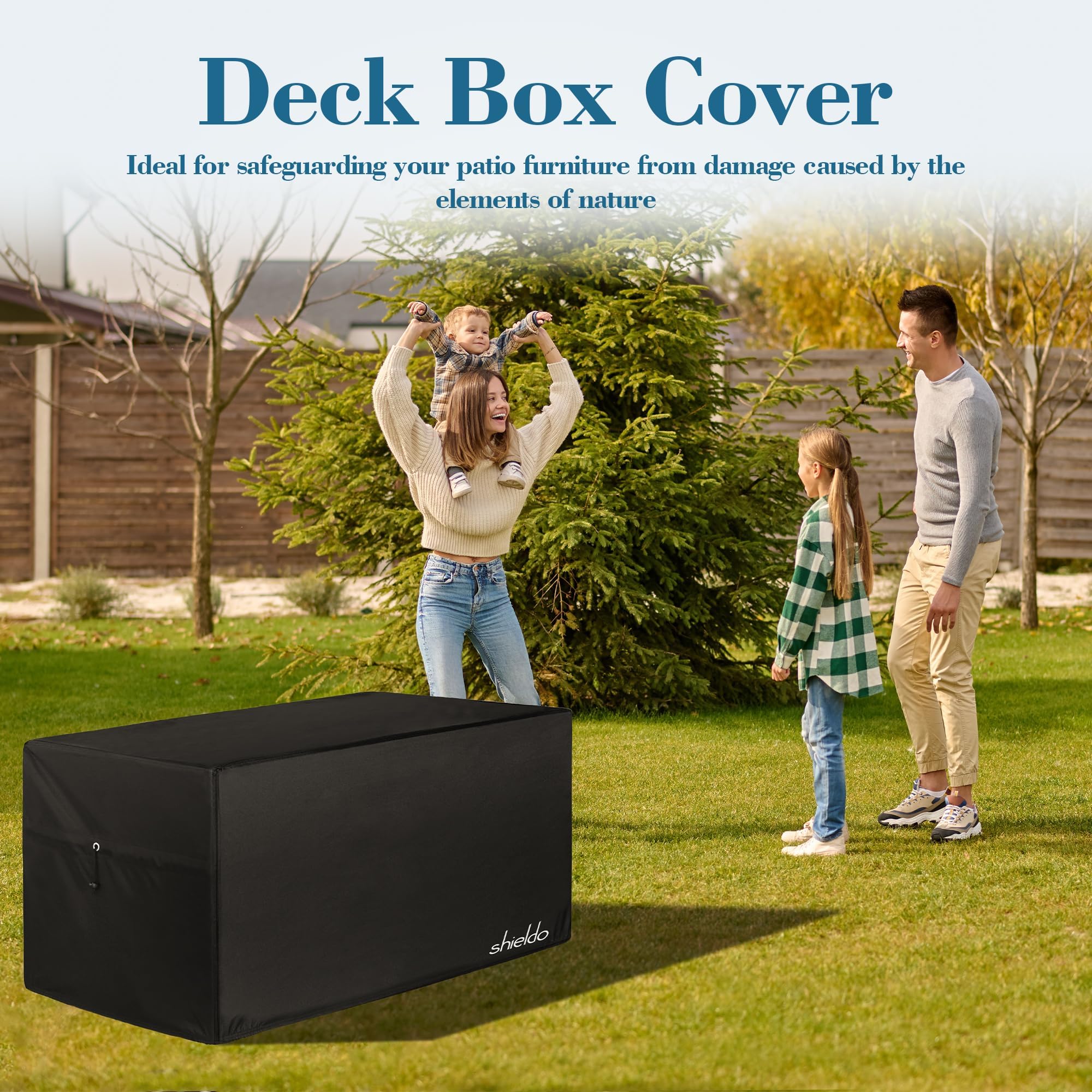 Shieldo covered deck box on patio protecting contents from weather