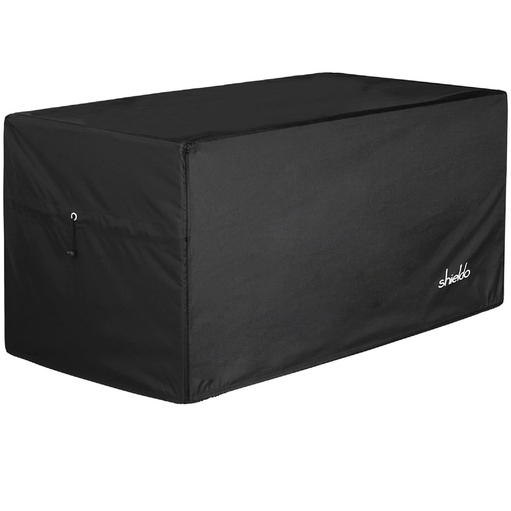Shieldo front view of deck box cover showing full protection and neat fit
