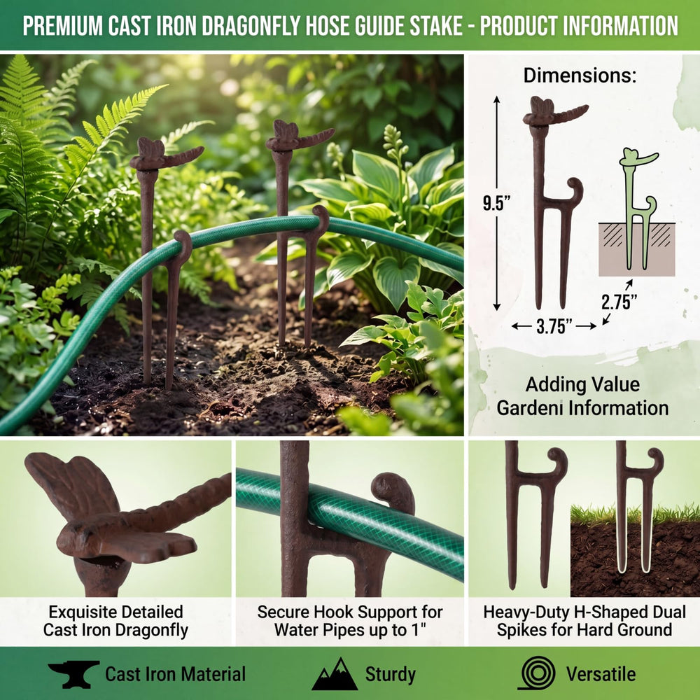 Close-up of Shimeyao dragonfly finial on cast iron stake highlighting textured detail and durable design