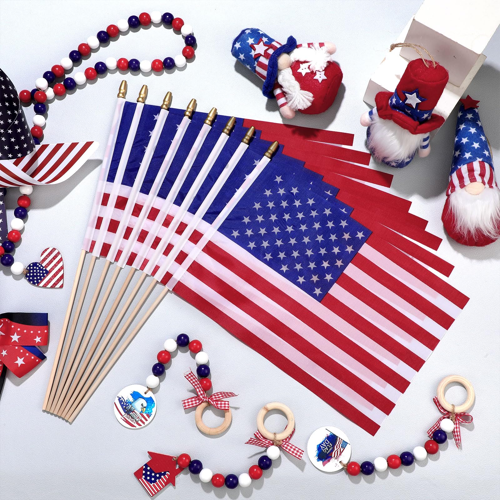 Shimeyao flags lined across lawn creating instant patriotic curb appeal