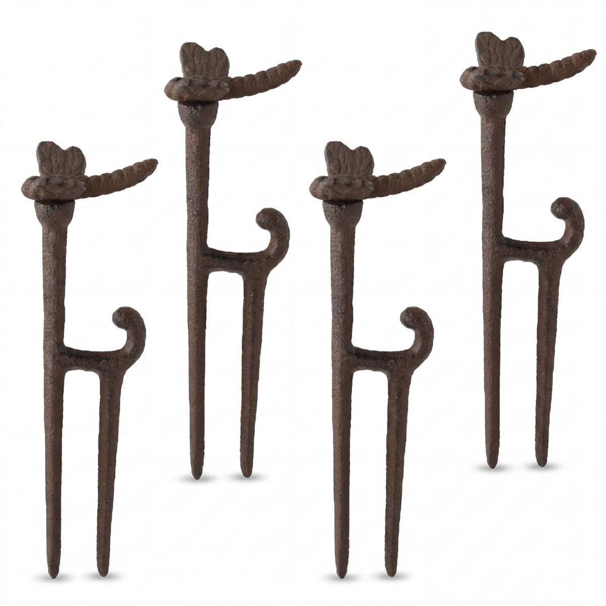 Shimeyao front view of four cast iron hose guide stakes showing rustic finish and dragonfly tops for decorative protection