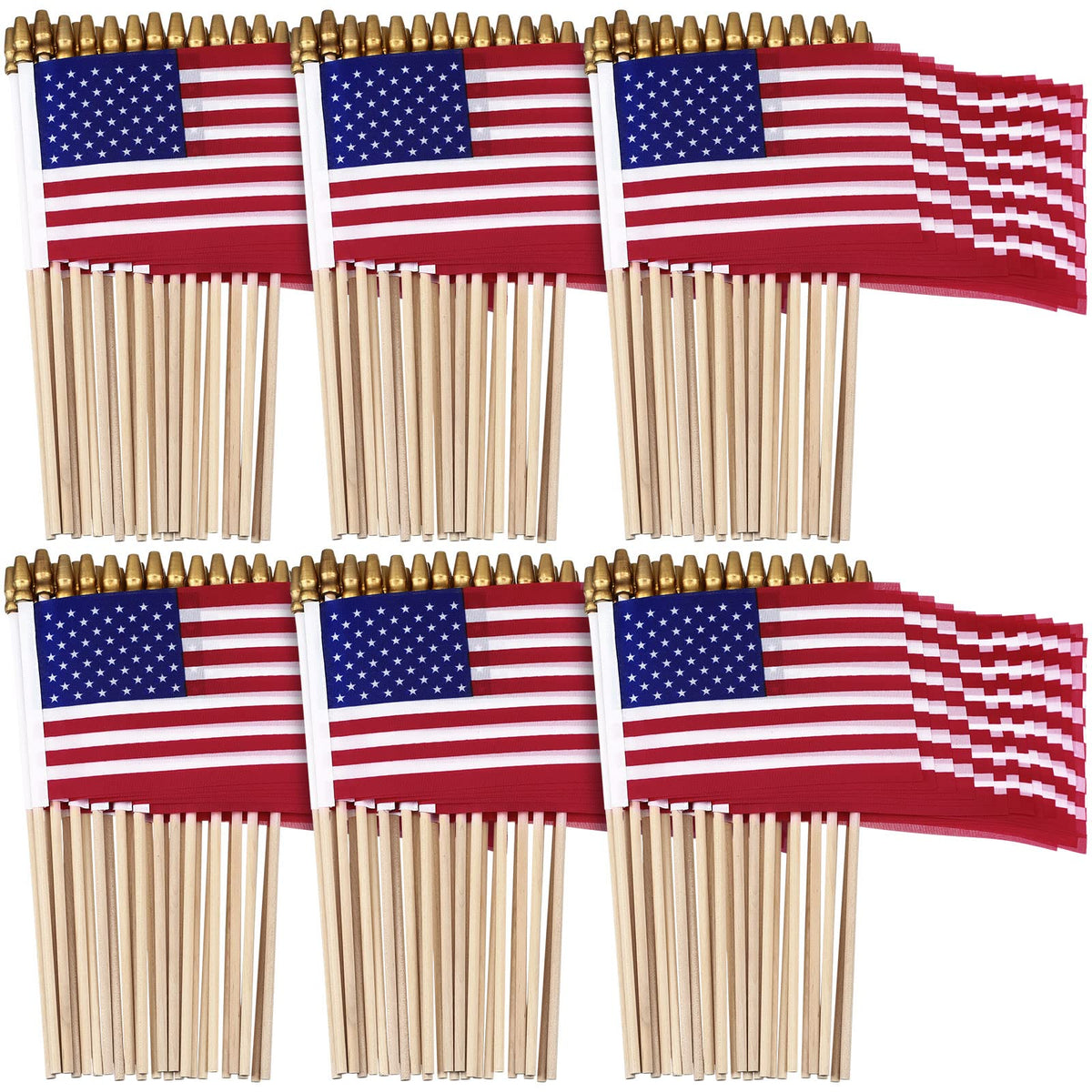 Shimeyao front pack of 150 mini American flags showing quantity benefit
