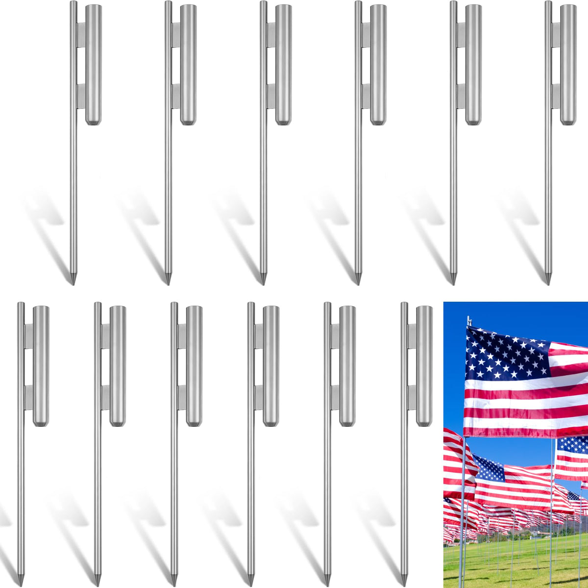 Shimeyao front view of three metal flag spikes showing sturdy design and quick setup