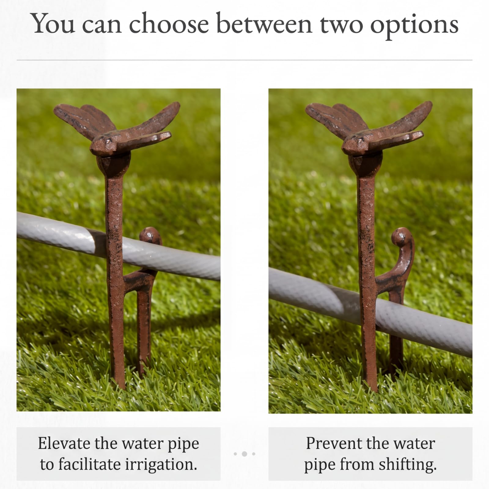 Shimeyao stake installed in a flower bed lifting hose above plants to prevent damage and tangling