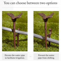 Shimeyao stake installed in a flower bed lifting hose above plants to prevent damage and tangling