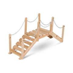 Shine Company cedar garden bridge front view showing arched rails and natural finish