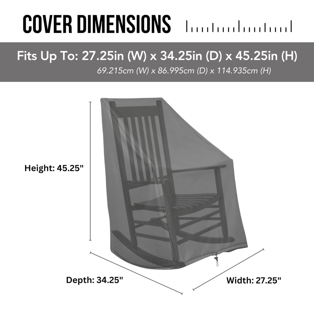 Shine Company cover on rocker in porch setting, keeps furniture clean and dry