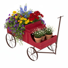 Shine Company front view of red cedar wagon planter showcasing curb appeal
