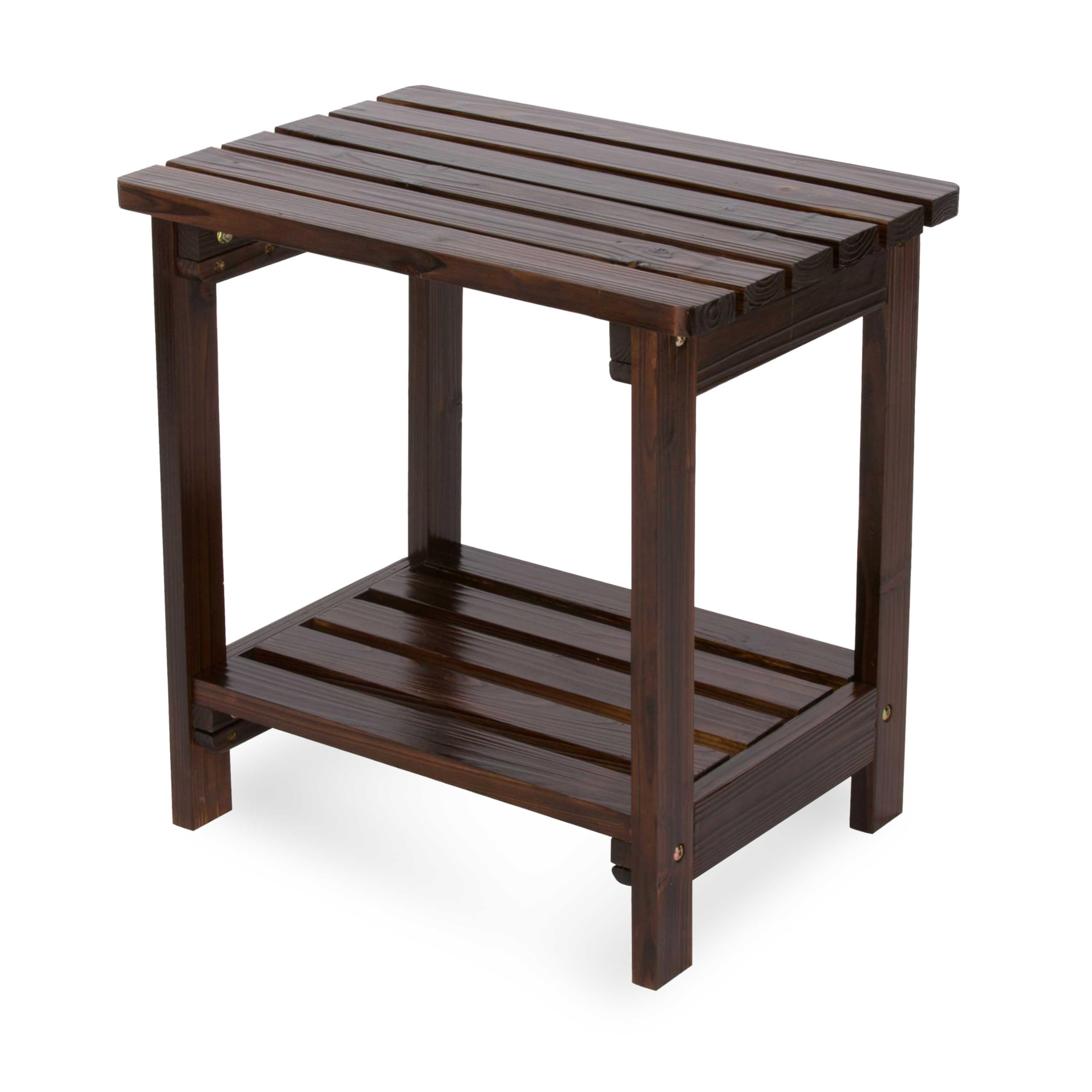 Shine Company front view of burnt brown cedar side table, shows sturdy top and shelf