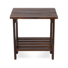 Shine Company table in patio setting with drink and book, shows practical outdoor use