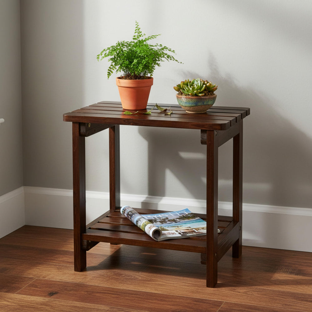 Shine Company table beside Adirondack chair for scale, shows compact footprint benefit
