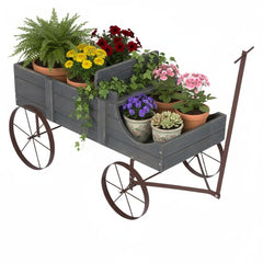 Shine Company wagon planter front view showing large cedar planter and gray finish for curb appeal