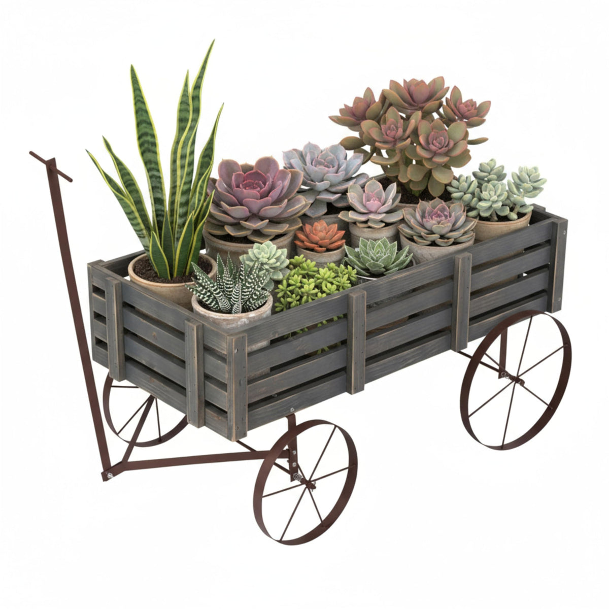 Shine Company front view of gray cedar wagon planter showing rustic appeal and curbside display benefit