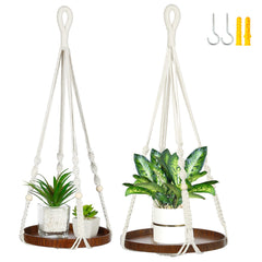 Shineloha front view of both macrame plant hangers showcasing boho styling and space-saving benefit