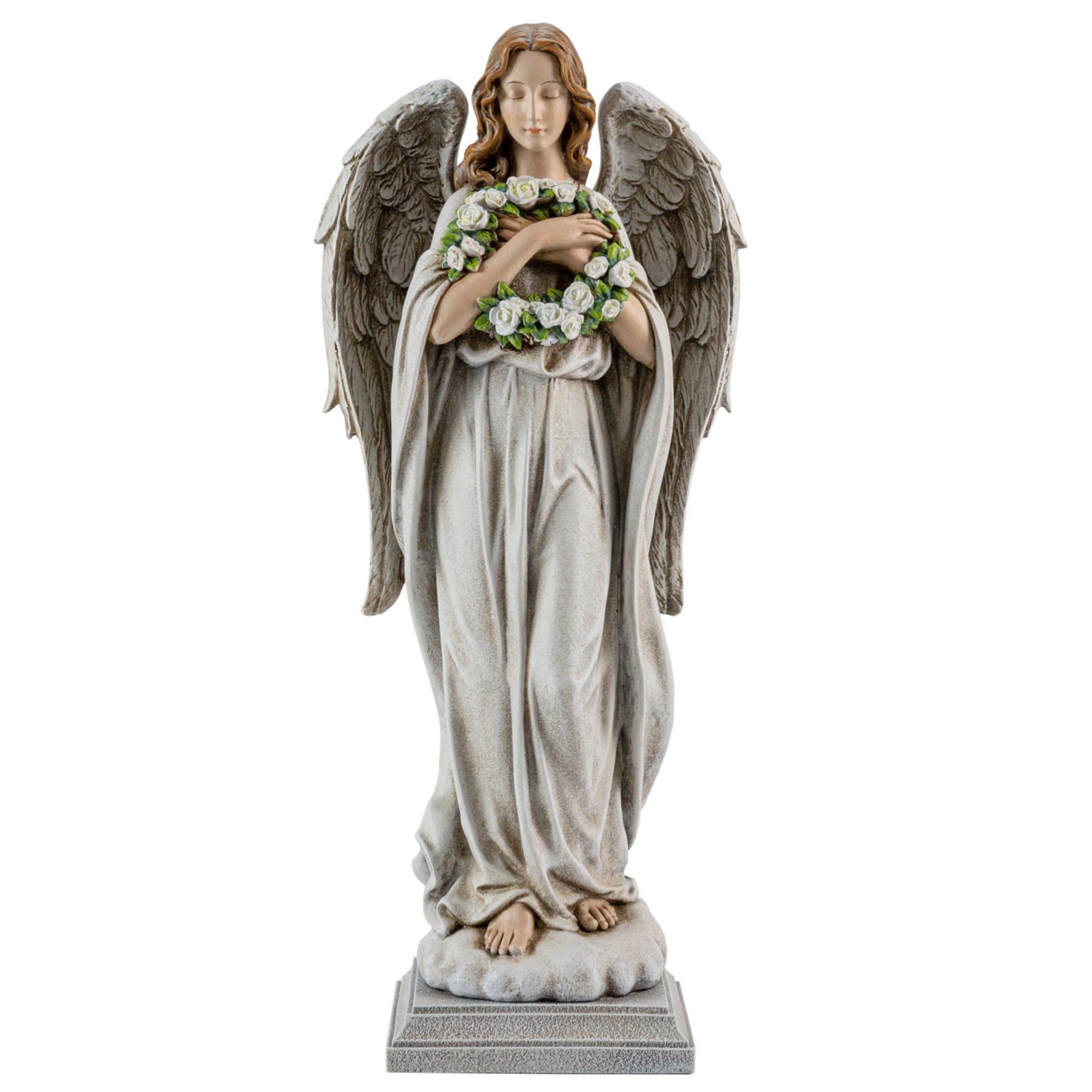 ShineOnAngel front view statue showing full angel and bouquet, enhances garden focal point