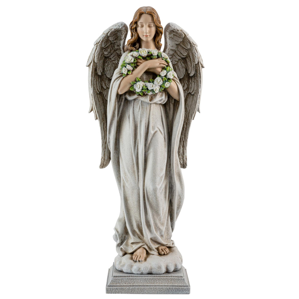 ShineOnAngel front view statue showing full angel and bouquet, enhances garden focal point
