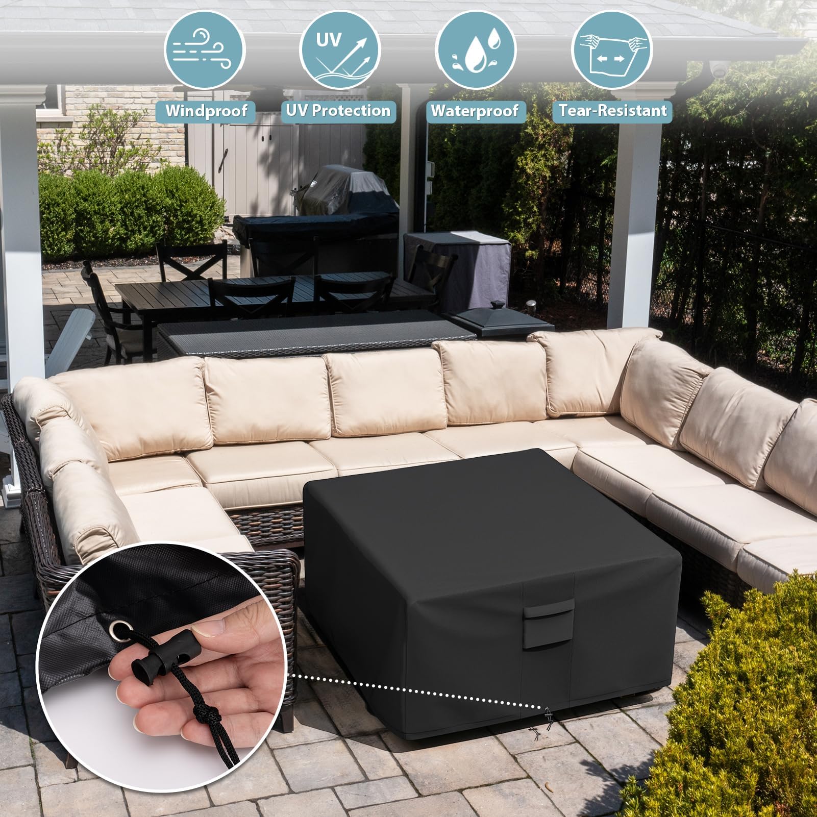 SHINESTAR cover in use on patio protecting table from rain and sun benefit year-round use