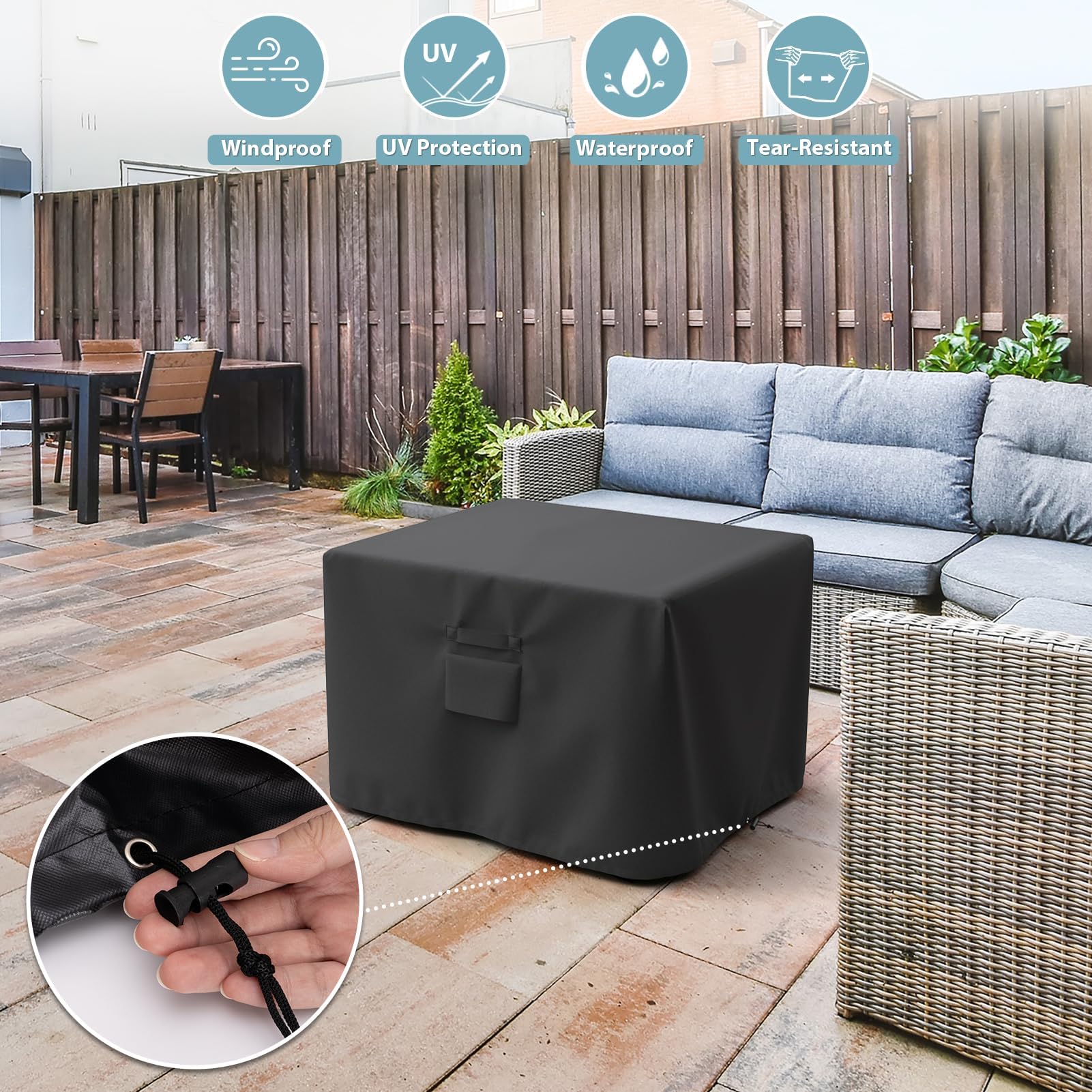 SHINESTAR cover in backyard protecting fire table from rain and debris