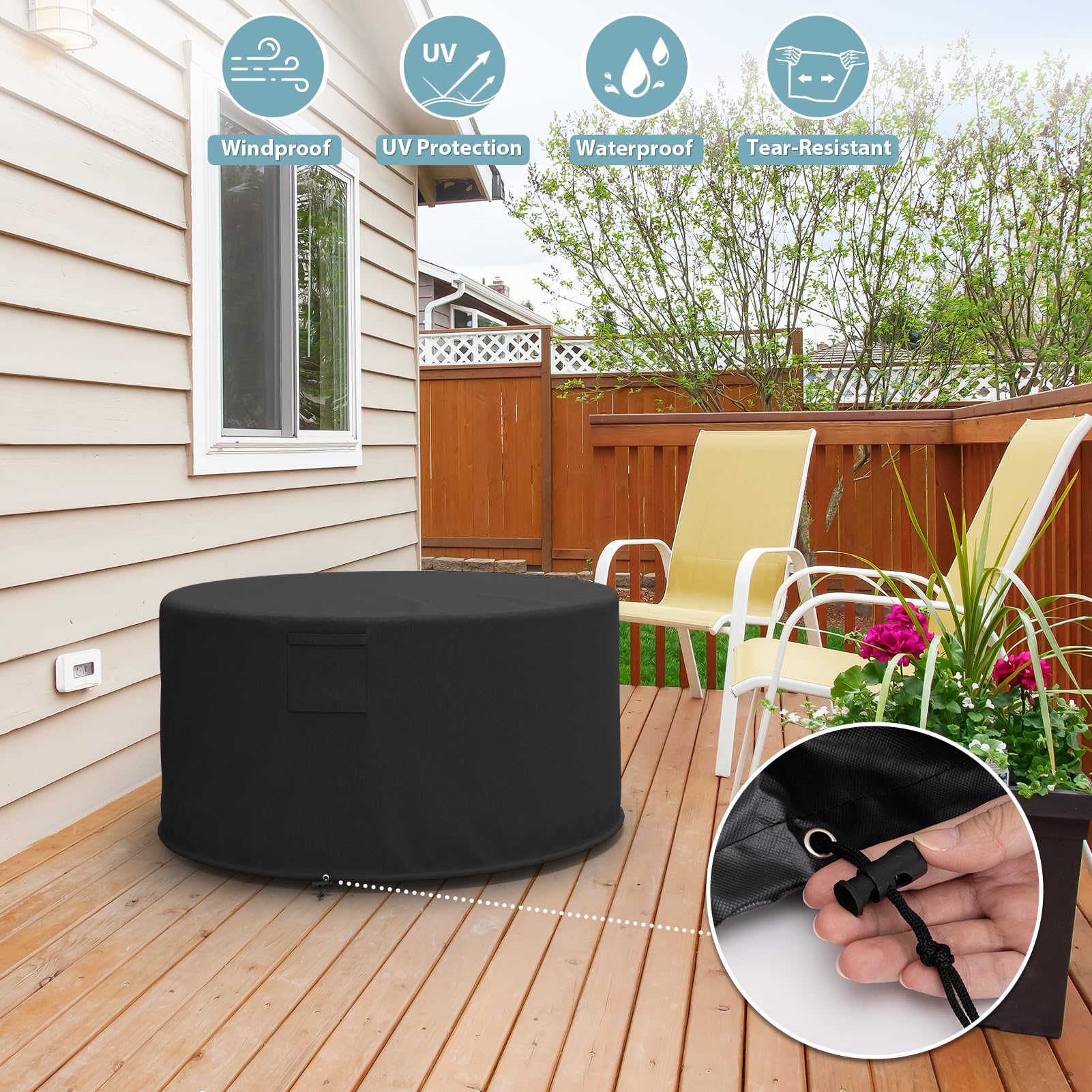SHINESTAR cover installed on a wood-burning firepit showing all-weather shield