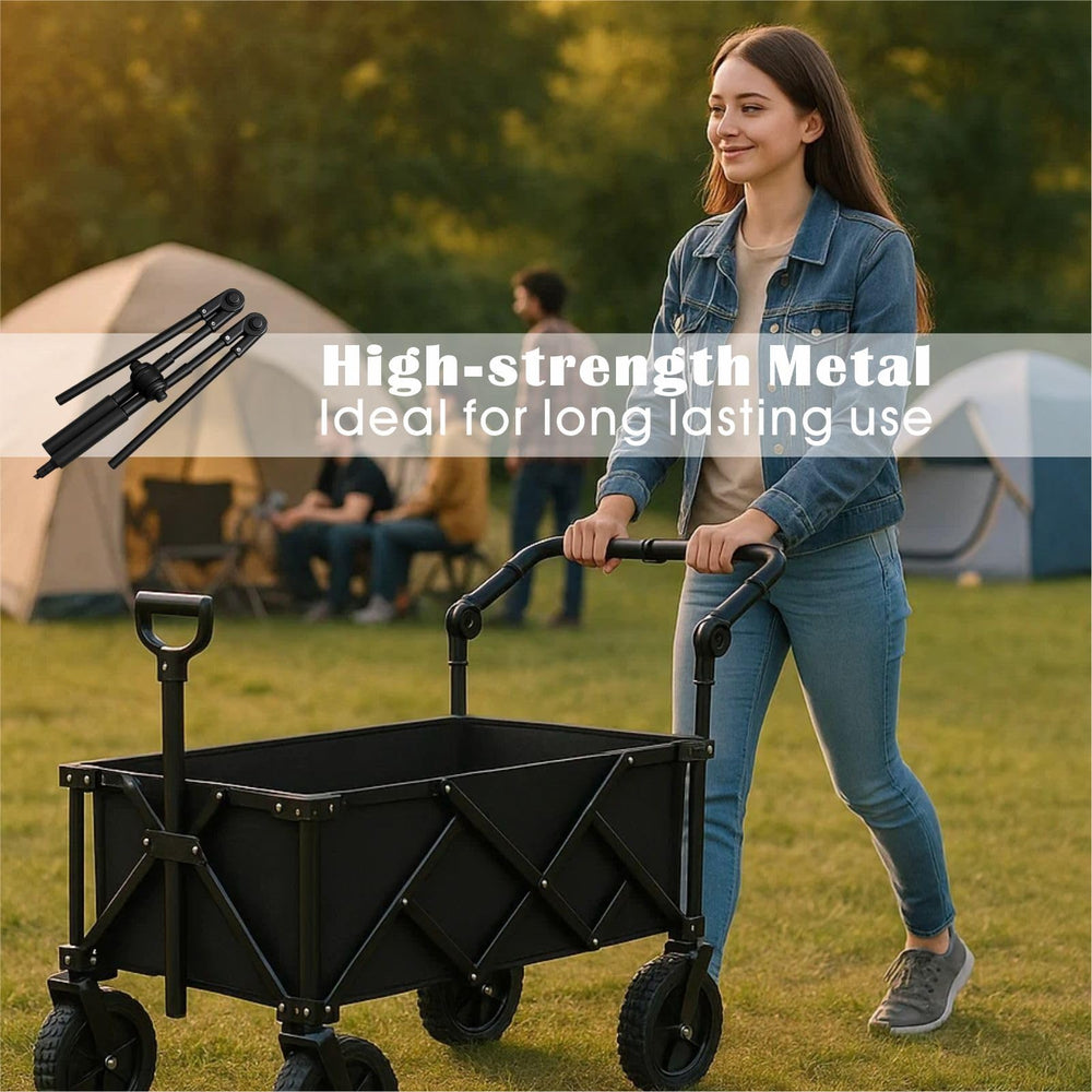 SHINETEC handle folded with wagon silhouette illustrating compact storage benefit