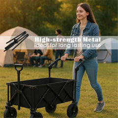 SHINETEC handle folded with wagon silhouette illustrating compact storage benefit
