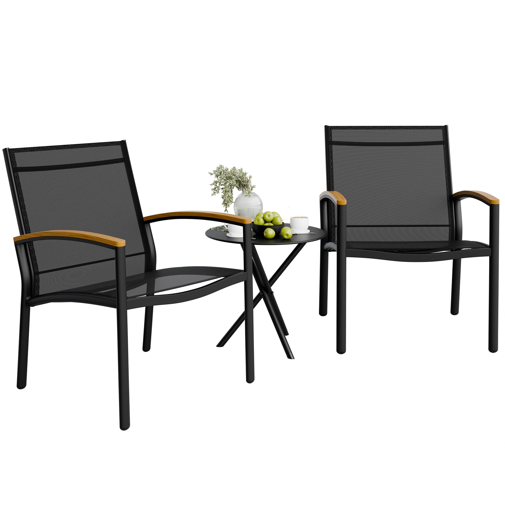 Shintenchi bistro set front view showing chairs and table, comfortable outdoor seating