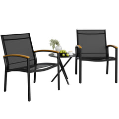 Shintenchi bistro set front view showing chairs and table, comfortable outdoor seating