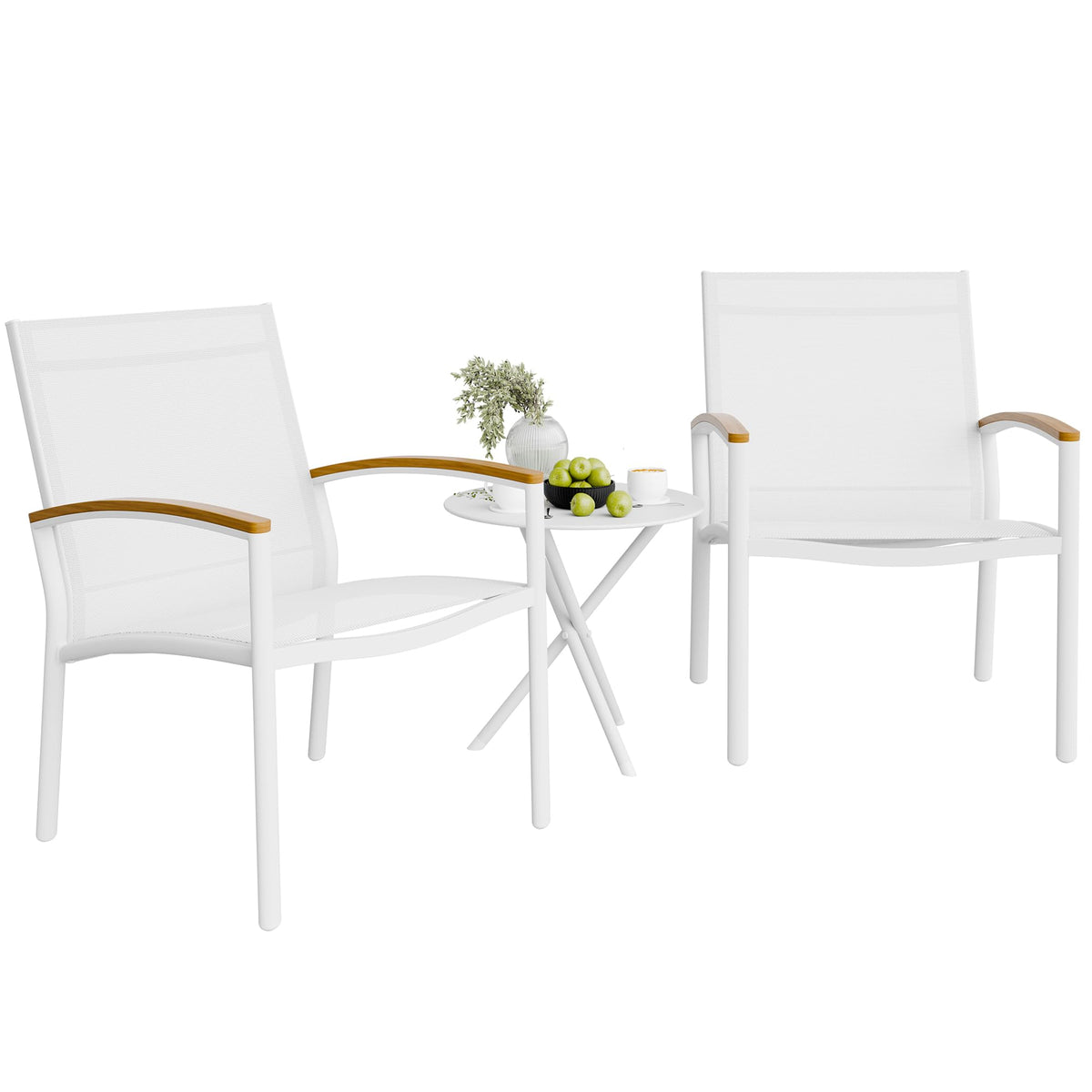 Shintenchi front view of white bistro set showing compact layout and curb appeal